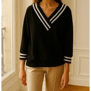 Bershka Sailor Top V-Neck‎ 3/4 Sleeve Black White Striped Pullover Medium